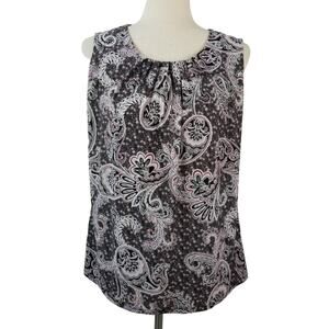 Roz & Ali Black Wine Pink Paisley Sleeveless Pleated Neck Blouse Nice Size Med